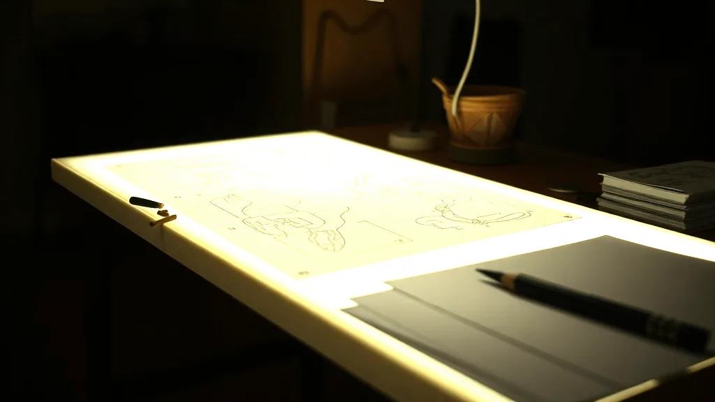 A lit light table in a dim room, tracing paper and drawn line work laid across it, a pencil resting to one side.