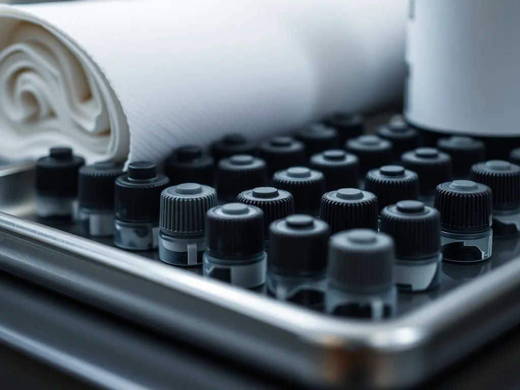 Small plastic caps of black and grey ink lined up on a stainless tray beside a rolled paper towel.