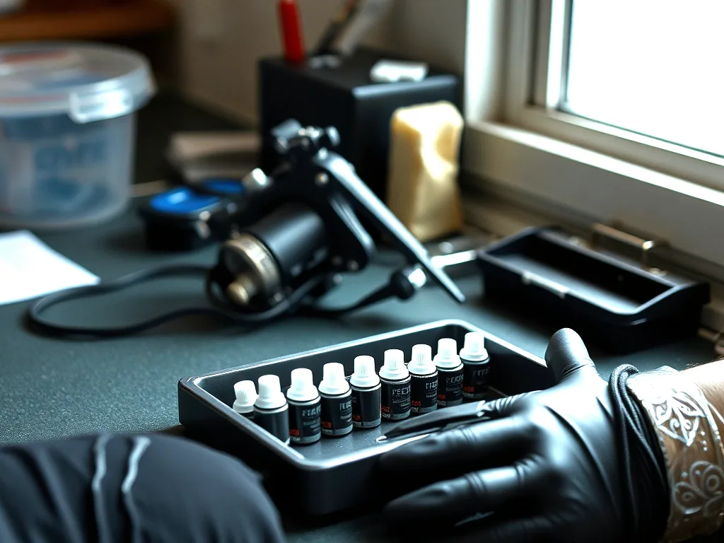 A set up workstation, machine resting in its clip cord, ink caps in a row on a tray and a gloved hand reaching for them.